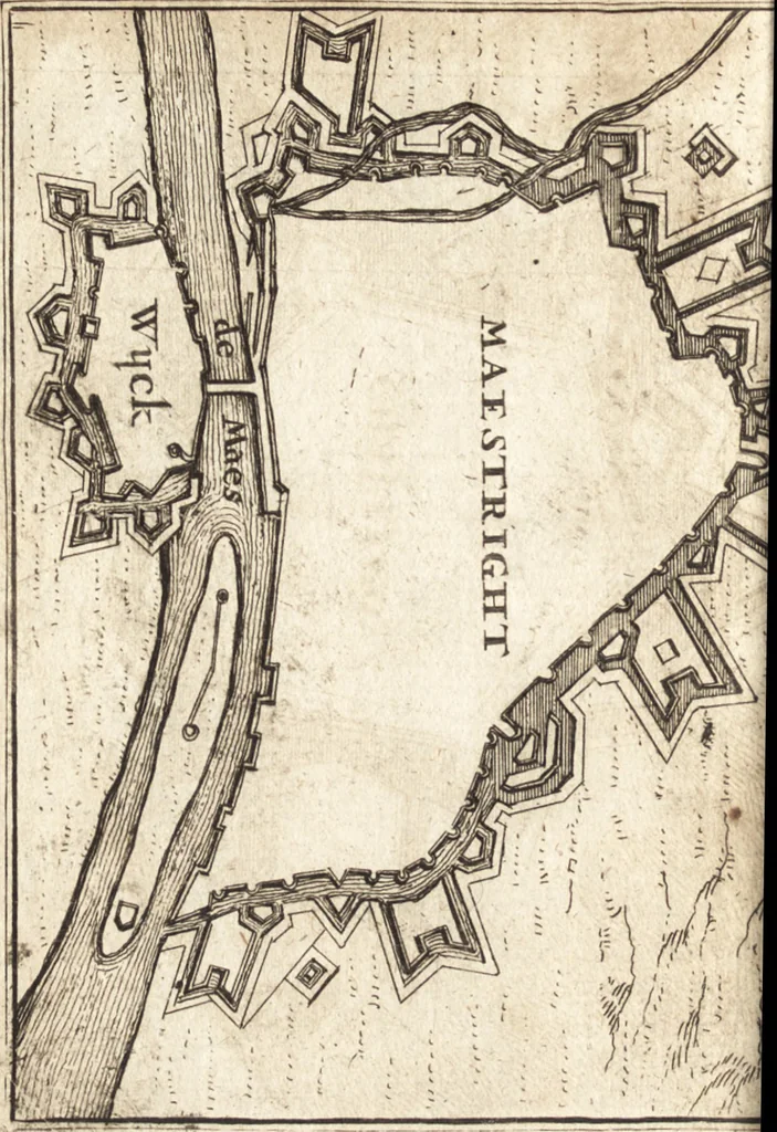 An illustration from The Netherland-historian : containing a true and exact relation of what hath passed in the late warrs between the King of Great Britain, and the French King with their allyes, against the States Generall of the United Provinces, from the beginning thereof anno. 1671 to the conclusion of peace between His aforesaid Majesty of Britain, and the said States, with the continuation of what hath since happened between France and his allyes, against the said States, and their confœderates, to the end of the year 1674 : illustrated with above 60 sculptures, being the exact delineations of the most principall fortifications in those provinces, and the pourtraictures of severall mighty princes and eminent officers, 1675, leaf 309