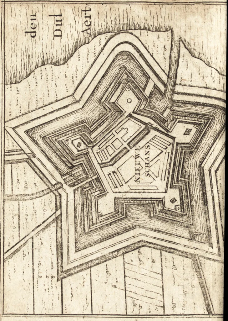 An illustration from The Netherland-historian : containing a true and exact relation of what hath passed in the late warrs between the King of Great Britain, and the French King with their allyes, against the States Generall of the United Provinces, from the beginning thereof anno. 1671 to the conclusion of peace between His aforesaid Majesty of Britain, and the said States, with the continuation of what hath since happened between France and his allyes, against the said States, and their confœderates, to the end of the year 1674 : illustrated with above 60 sculptures, being the exact delineations of the most principall fortifications in those provinces, and the pourtraictures of severall mighty princes and eminent officers, 1675, leaf 325