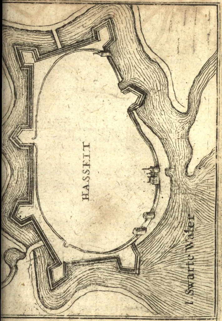 An illustration from The Netherland-historian : containing a true and exact relation of what hath passed in the late warrs between the King of Great Britain, and the French King with their allyes, against the States Generall of the United Provinces, from the beginning thereof anno. 1671 to the conclusion of peace between His aforesaid Majesty of Britain, and the said States, with the continuation of what hath since happened between France and his allyes, against the said States, and their confœderates, to the end of the year 1674 : illustrated with above 60 sculptures, being the exact delineations of the most principall fortifications in those provinces, and the pourtraictures of severall mighty princes and eminent officers, 1675, leaf 336