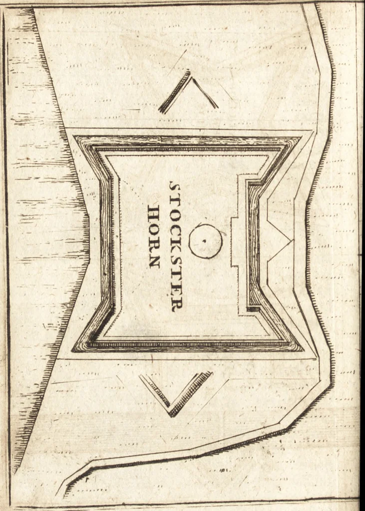An illustration from The Netherland-historian : containing a true and exact relation of what hath passed in the late warrs between the King of Great Britain, and the French King with their allyes, against the States Generall of the United Provinces, from the beginning thereof anno. 1671 to the conclusion of peace between His aforesaid Majesty of Britain, and the said States, with the continuation of what hath since happened between France and his allyes, against the said States, and their confœderates, to the end of the year 1674 : illustrated with above 60 sculptures, being the exact delineations of the most principall fortifications in those provinces, and the pourtraictures of severall mighty princes and eminent officers, 1675, leaf 353
