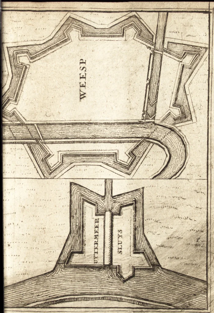 An illustration from The Netherland-historian : containing a true and exact relation of what hath passed in the late warrs between the King of Great Britain, and the French King with their allyes, against the States Generall of the United Provinces, from the beginning thereof anno. 1671 to the conclusion of peace between His aforesaid Majesty of Britain, and the said States, with the continuation of what hath since happened between France and his allyes, against the said States, and their confœderates, to the end of the year 1674 : illustrated with above 60 sculptures, being the exact delineations of the most principall fortifications in those provinces, and the pourtraictures of severall mighty princes and eminent officers, 1675, leaf 360