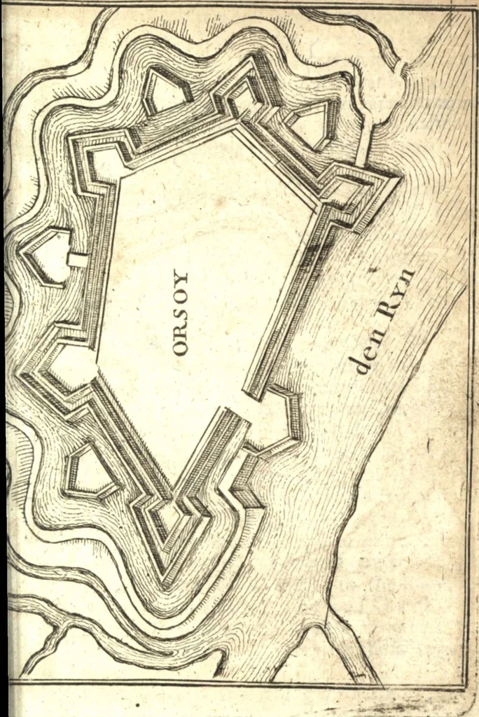 An illustration from The Netherland-historian : containing a true and exact relation of what hath passed in the late warrs between the King of Great Britain, and the French King with their allyes, against the States Generall of the United Provinces, from the beginning thereof anno. 1671 to the conclusion of peace between His aforesaid Majesty of Britain, and the said States, with the continuation of what hath since happened between France and his allyes, against the said States, and their confœderates, to the end of the year 1674 : illustrated with above 60 sculptures, being the exact delineations of the most principall fortifications in those provinces, and the pourtraictures of severall mighty princes and eminent officers, 1675, leaf 40