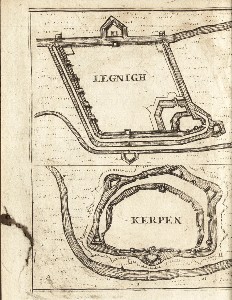 An illustration from The Netherland-historian : containing a true and exact relation of what hath passed in the late warrs between the King of Great Britain, and the French King with their allyes, against the States Generall of the United Provinces, from the beginning thereof anno. 1671 to the conclusion of peace between His aforesaid Majesty of Britain, and the said States, with the continuation of what hath since happened between France and his allyes, against the said States, and their confœderates, to the end of the year 1674 : illustrated with above 60 sculptures, being the exact delineations of the most principall fortifications in those provinces, and the pourtraictures of severall mighty princes and eminent officers, 1675, leaf 437