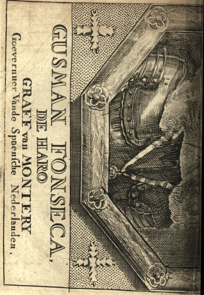 An illustration from The Netherland-historian : containing a true and exact relation of what hath passed in the late warrs between the King of Great Britain, and the French King with their allyes, against the States Generall of the United Provinces, from the beginning thereof anno. 1671 to the conclusion of peace between His aforesaid Majesty of Britain, and the said States, with the continuation of what hath since happened between France and his allyes, against the said States, and their confœderates, to the end of the year 1674 : illustrated with above 60 sculptures, being the exact delineations of the most principall fortifications in those provinces, and the pourtraictures of severall mighty princes and eminent officers, 1675, leaf 441