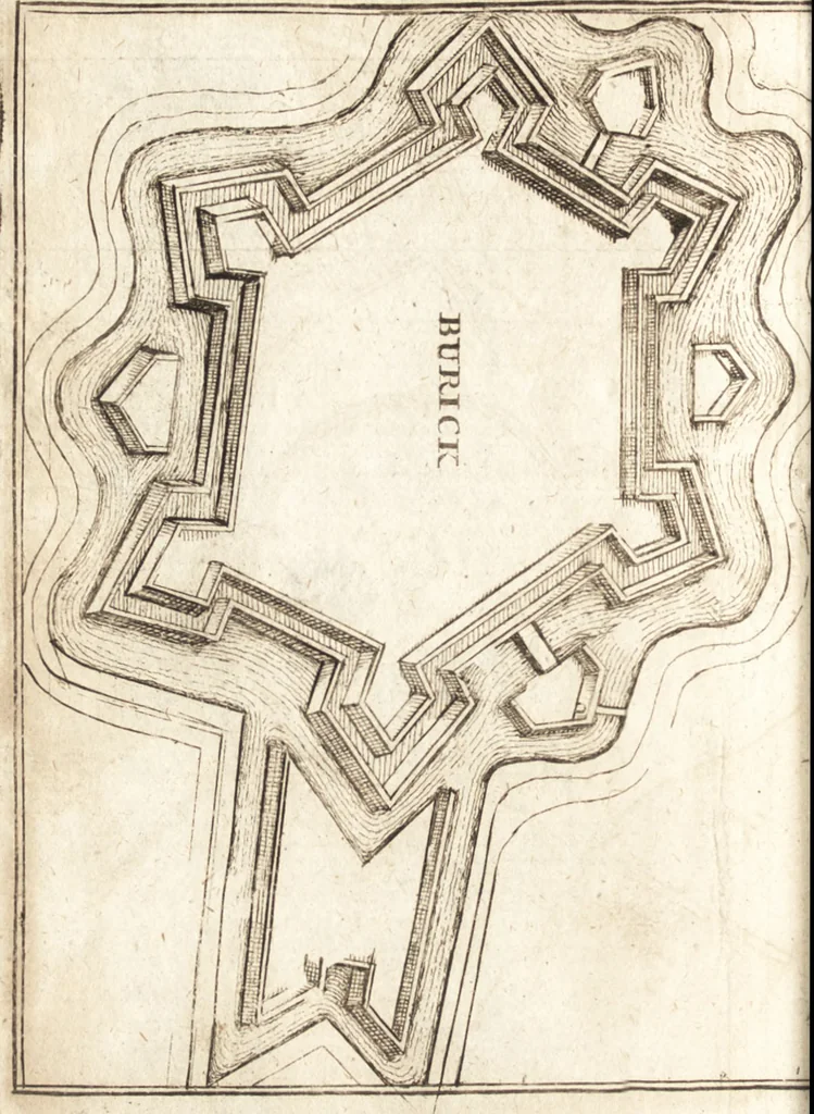 An illustration from The Netherland-historian : containing a true and exact relation of what hath passed in the late warrs between the King of Great Britain, and the French King with their allyes, against the States Generall of the United Provinces, from the beginning thereof anno. 1671 to the conclusion of peace between His aforesaid Majesty of Britain, and the said States, with the continuation of what hath since happened between France and his allyes, against the said States, and their confœderates, to the end of the year 1674 : illustrated with above 60 sculptures, being the exact delineations of the most principall fortifications in those provinces, and the pourtraictures of severall mighty princes and eminent officers, 1675, leaf 45