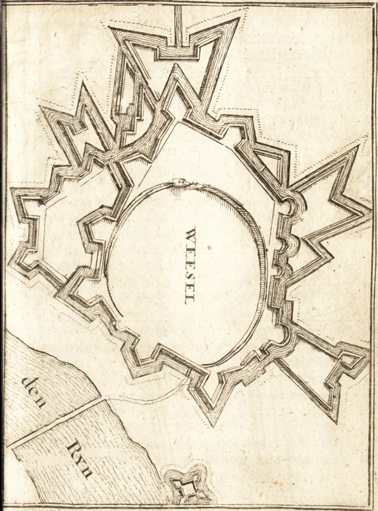 An illustration from The Netherland-historian : containing a true and exact relation of what hath passed in the late warrs between the King of Great Britain, and the French King with their allyes, against the States Generall of the United Provinces, from the beginning thereof anno. 1671 to the conclusion of peace between His aforesaid Majesty of Britain, and the said States, with the continuation of what hath since happened between France and his allyes, against the said States, and their confœderates, to the end of the year 1674 : illustrated with above 60 sculptures, being the exact delineations of the most principall fortifications in those provinces, and the pourtraictures of severall mighty princes and eminent officers, 1675, leaf 46