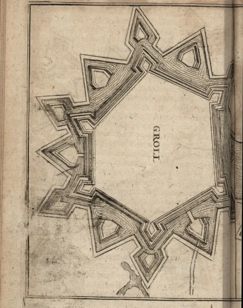 An illustration from The Netherland-historian : containing a true and exact relation of what hath passed in the late warrs between the King of Great Britain, and the French King with their allyes, against the States Generall of the United Provinces, from the beginning thereof anno. 1671 to the conclusion of peace between His aforesaid Majesty of Britain, and the said States, with the continuation of what hath since happened between France and his allyes, against the said States, and their confœderates, to the end of the year 1674 : illustrated with above 60 sculptures, being the exact delineations of the most principall fortifications in those provinces, and the pourtraictures of severall mighty princes and eminent officers, 1675, leaf 51
