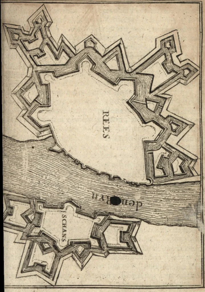 An illustration from The Netherland-historian : containing a true and exact relation of what hath passed in the late warrs between the King of Great Britain, and the French King with their allyes, against the States Generall of the United Provinces, from the beginning thereof anno. 1671 to the conclusion of peace between His aforesaid Majesty of Britain, and the said States, with the continuation of what hath since happened between France and his allyes, against the said States, and their confœderates, to the end of the year 1674 : illustrated with above 60 sculptures, being the exact delineations of the most principall fortifications in those provinces, and the pourtraictures of severall mighty princes and eminent officers, 1675, leaf 52