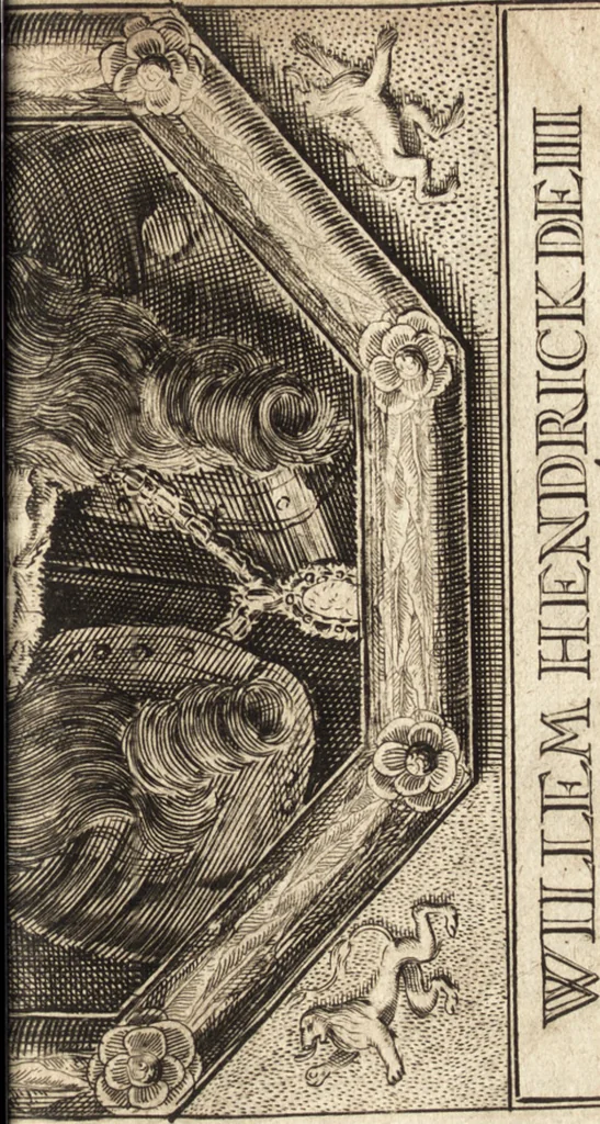 An illustration from The Netherland-historian : containing a true and exact relation of what hath passed in the late warrs between the King of Great Britain, and the French King with their allyes, against the States Generall of the United Provinces, from the beginning thereof anno. 1671 to the conclusion of peace between His aforesaid Majesty of Britain, and the said States, with the continuation of what hath since happened between France and his allyes, against the said States, and their confœderates, to the end of the year 1674 : illustrated with above 60 sculptures, being the exact delineations of the most principall fortifications in those provinces, and the pourtraictures of severall mighty princes and eminent officers, 1675, leaf 520
