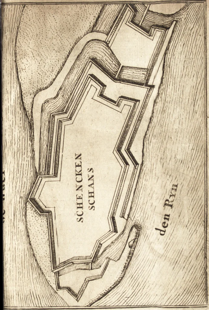 An illustration from The Netherland-historian : containing a true and exact relation of what hath passed in the late warrs between the King of Great Britain, and the French King with their allyes, against the States Generall of the United Provinces, from the beginning thereof anno. 1671 to the conclusion of peace between His aforesaid Majesty of Britain, and the said States, with the continuation of what hath since happened between France and his allyes, against the said States, and their confœderates, to the end of the year 1674 : illustrated with above 60 sculptures, being the exact delineations of the most principall fortifications in those provinces, and the pourtraictures of severall mighty princes and eminent officers, 1675, leaf 62