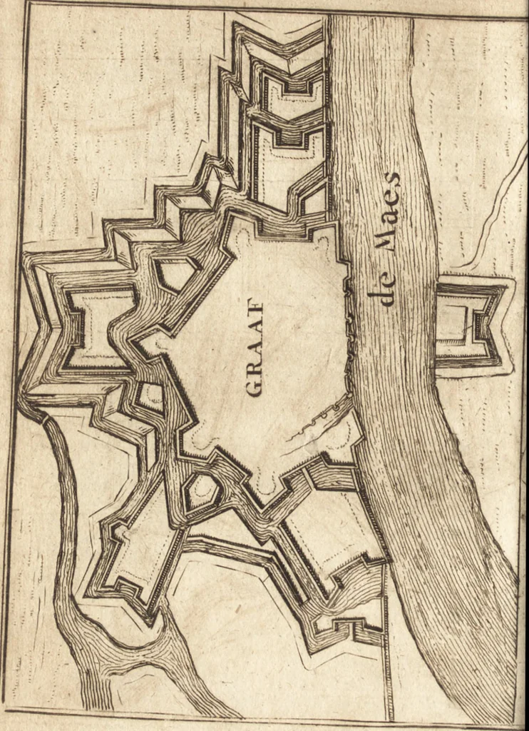 An illustration from The Netherland-historian : containing a true and exact relation of what hath passed in the late warrs between the King of Great Britain, and the French King with their allyes, against the States Generall of the United Provinces, from the beginning thereof anno. 1671 to the conclusion of peace between His aforesaid Majesty of Britain, and the said States, with the continuation of what hath since happened between France and his allyes, against the said States, and their confœderates, to the end of the year 1674 : illustrated with above 60 sculptures, being the exact delineations of the most principall fortifications in those provinces, and the pourtraictures of severall mighty princes and eminent officers, 1675, leaf 647