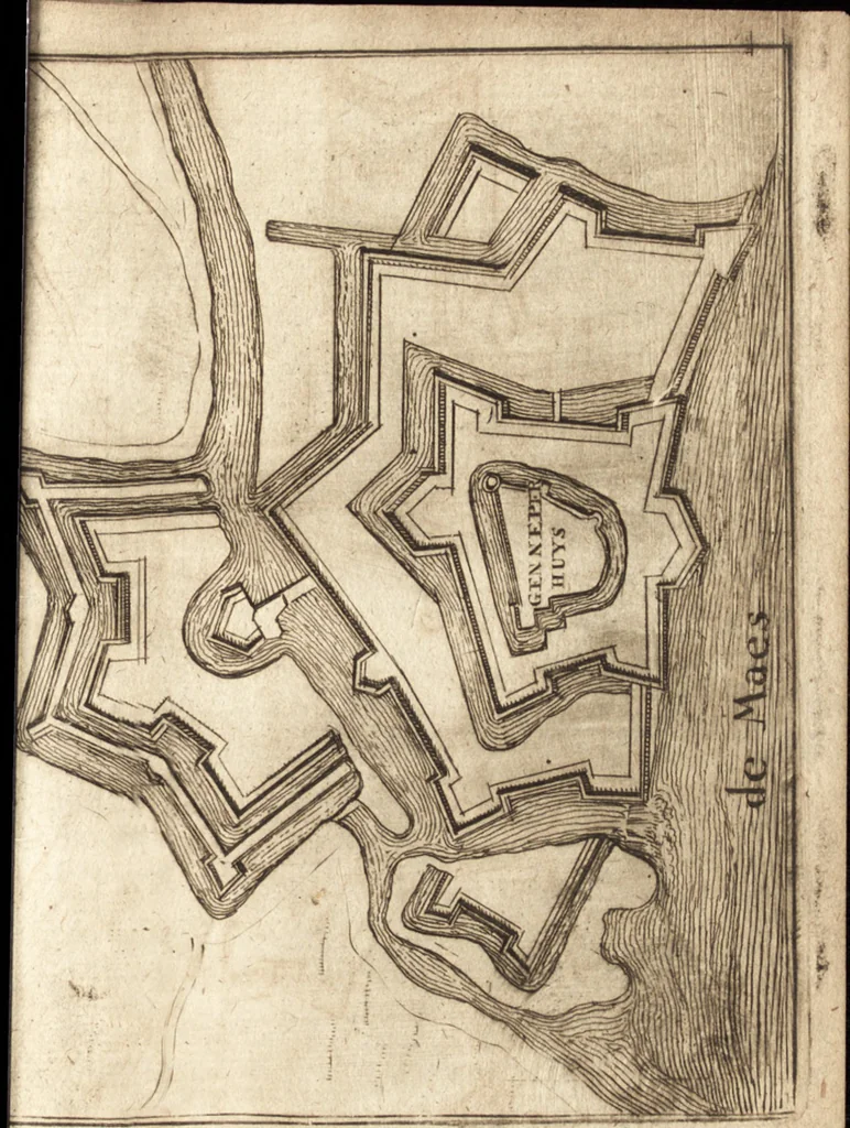 An illustration from The Netherland-historian : containing a true and exact relation of what hath passed in the late warrs between the King of Great Britain, and the French King with their allyes, against the States Generall of the United Provinces, from the beginning thereof anno. 1671 to the conclusion of peace between His aforesaid Majesty of Britain, and the said States, with the continuation of what hath since happened between France and his allyes, against the said States, and their confœderates, to the end of the year 1674 : illustrated with above 60 sculptures, being the exact delineations of the most principall fortifications in those provinces, and the pourtraictures of severall mighty princes and eminent officers, 1675, leaf 648