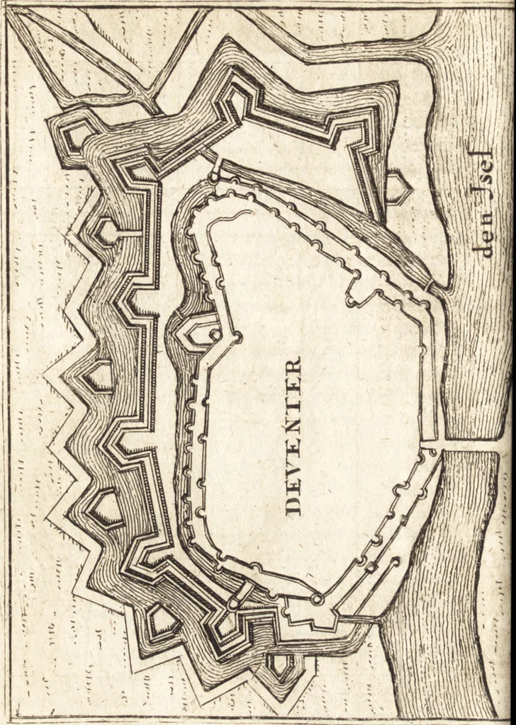 An illustration from The Netherland-historian : containing a true and exact relation of what hath passed in the late warrs between the King of Great Britain, and the French King with their allyes, against the States Generall of the United Provinces, from the beginning thereof anno. 1671 to the conclusion of peace between His aforesaid Majesty of Britain, and the said States, with the continuation of what hath since happened between France and his allyes, against the said States, and their confœderates, to the end of the year 1674 : illustrated with above 60 sculptures, being the exact delineations of the most principall fortifications in those provinces, and the pourtraictures of severall mighty princes and eminent officers, 1675, leaf 69