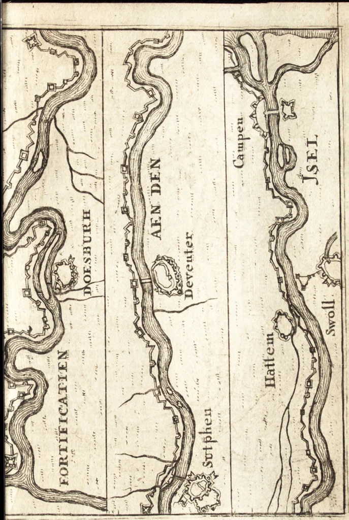 An illustration from The Netherland-historian : containing a true and exact relation of what hath passed in the late warrs between the King of Great Britain, and the French King with their allyes, against the States Generall of the United Provinces, from the beginning thereof anno. 1671 to the conclusion of peace between His aforesaid Majesty of Britain, and the said States, with the continuation of what hath since happened between France and his allyes, against the said States, and their confœderates, to the end of the year 1674 : illustrated with above 60 sculptures, being the exact delineations of the most principall fortifications in those provinces, and the pourtraictures of severall mighty princes and eminent officers, 1675, leaf 70