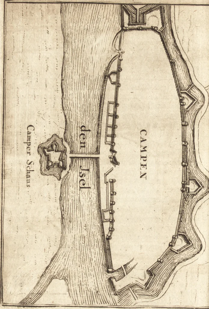 An illustration from The Netherland-historian : containing a true and exact relation of what hath passed in the late warrs between the King of Great Britain, and the French King with their allyes, against the States Generall of the United Provinces, from the beginning thereof anno. 1671 to the conclusion of peace between His aforesaid Majesty of Britain, and the said States, with the continuation of what hath since happened between France and his allyes, against the said States, and their confœderates, to the end of the year 1674 : illustrated with above 60 sculptures, being the exact delineations of the most principall fortifications in those provinces, and the pourtraictures of severall mighty princes and eminent officers, 1675, leaf 75