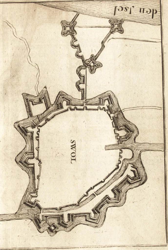 An illustration from The Netherland-historian : containing a true and exact relation of what hath passed in the late warrs between the King of Great Britain, and the French King with their allyes, against the States Generall of the United Provinces, from the beginning thereof anno. 1671 to the conclusion of peace between His aforesaid Majesty of Britain, and the said States, with the continuation of what hath since happened between France and his allyes, against the said States, and their confœderates, to the end of the year 1674 : illustrated with above 60 sculptures, being the exact delineations of the most principall fortifications in those provinces, and the pourtraictures of severall mighty princes and eminent officers, 1675, leaf 76