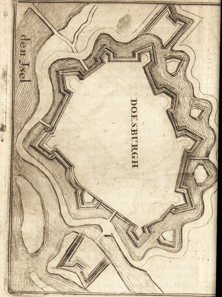 An illustration from The Netherland-historian : containing a true and exact relation of what hath passed in the late warrs between the King of Great Britain, and the French King with their allyes, against the States Generall of the United Provinces, from the beginning thereof anno. 1671 to the conclusion of peace between His aforesaid Majesty of Britain, and the said States, with the continuation of what hath since happened between France and his allyes, against the said States, and their confœderates, to the end of the year 1674 : illustrated with above 60 sculptures, being the exact delineations of the most principall fortifications in those provinces, and the pourtraictures of severall mighty princes and eminent officers, 1675, leaf 81