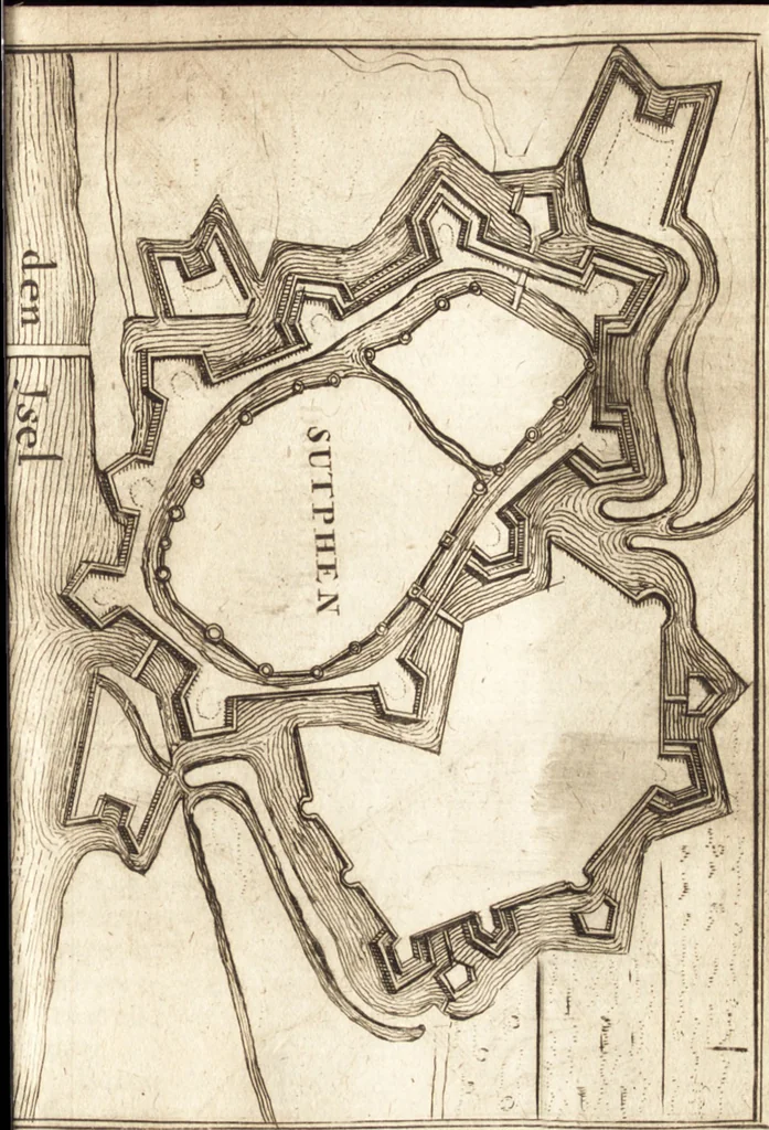 An illustration from The Netherland-historian : containing a true and exact relation of what hath passed in the late warrs between the King of Great Britain, and the French King with their allyes, against the States Generall of the United Provinces, from the beginning thereof anno. 1671 to the conclusion of peace between His aforesaid Majesty of Britain, and the said States, with the continuation of what hath since happened between France and his allyes, against the said States, and their confœderates, to the end of the year 1674 : illustrated with above 60 sculptures, being the exact delineations of the most principall fortifications in those provinces, and the pourtraictures of severall mighty princes and eminent officers, 1675, leaf 82