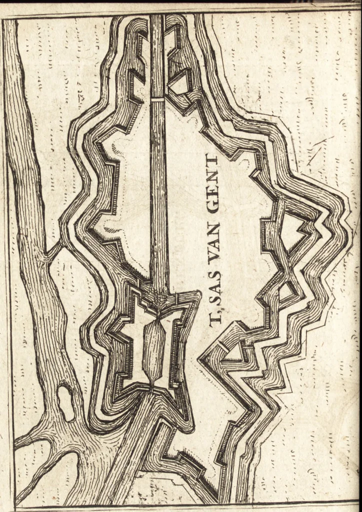 An illustration from The Netherland-historian : containing a true and exact relation of what hath passed in the late warrs between the King of Great Britain, and the French King with their allyes, against the States Generall of the United Provinces, from the beginning thereof anno. 1671 to the conclusion of peace between His aforesaid Majesty of Britain, and the said States, with the continuation of what hath since happened between France and his allyes, against the said States, and their confœderates, to the end of the year 1674 : illustrated with above 60 sculptures, being the exact delineations of the most principall fortifications in those provinces, and the pourtraictures of severall mighty princes and eminent officers, 1675, leaf 93