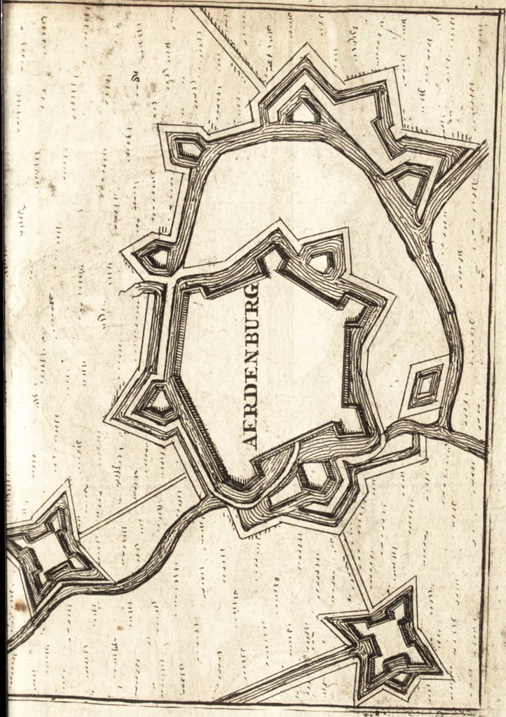 An illustration from The Netherland-historian : containing a true and exact relation of what hath passed in the late warrs between the King of Great Britain, and the French King with their allyes, against the States Generall of the United Provinces, from the beginning thereof anno. 1671 to the conclusion of peace between His aforesaid Majesty of Britain, and the said States, with the continuation of what hath since happened between France and his allyes, against the said States, and their confœderates, to the end of the year 1674 : illustrated with above 60 sculptures, being the exact delineations of the most principall fortifications in those provinces, and the pourtraictures of severall mighty princes and eminent officers, 1675, leaf 94