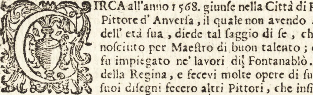 An illustration from Notizie de' professori del disegno da Cimabue in qua : per le quali si dimostra come, e per chi le bell' arti di pittura, scultura, e architettura lasciata la rozzezza delle maniere greca, e gottica, si siano in questi secoli ridotte all' antica loro perfezione, 1681, leaf 282