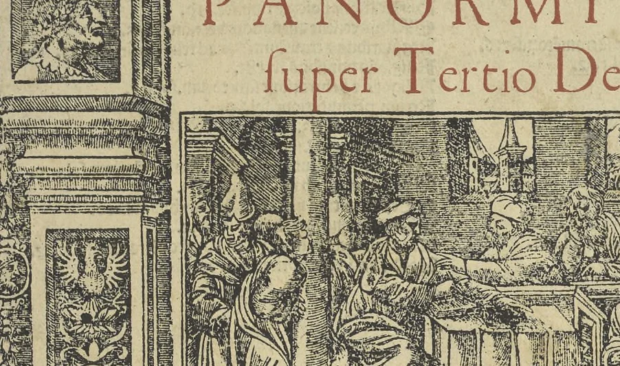 An illustration from Panormitanvs super tertio[-V.] Decretalium : Nicolai de Tvdeschis ... Commentaria in tertium Decretalium librum[-V. Decretalium libros] : unà cum summarijs & adnotationibus complurium doctissimorum iureconsultorum : ea nunc denuo fide excusa, ut mendae, si quae prius irrepserant, iam ferè nullae sint, 1546, leaf 2