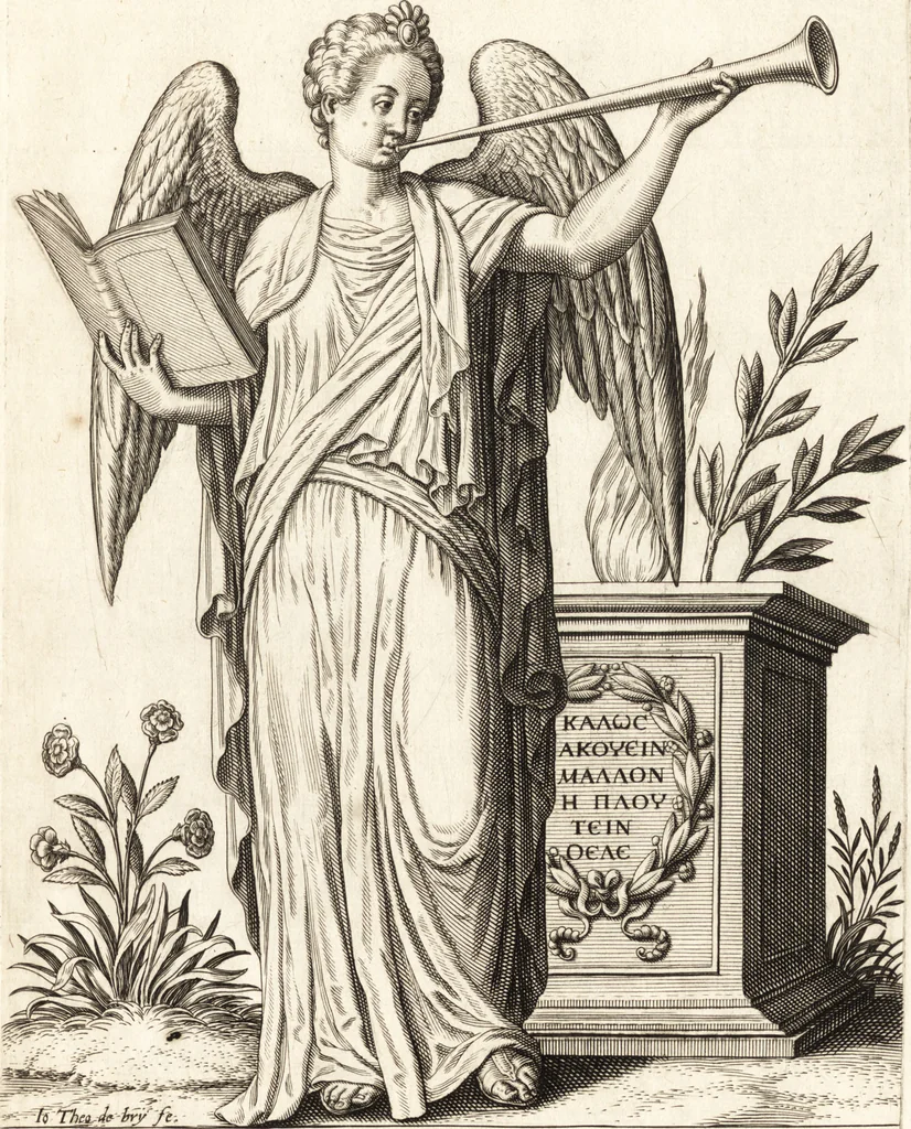 An illustration from Parnassvs cum imaginibus mvsarvm deorumq[ue] praesidum Hippocrenes : omnia depicta sunt, & distichis latinis illustrata, 1601, leaf 26