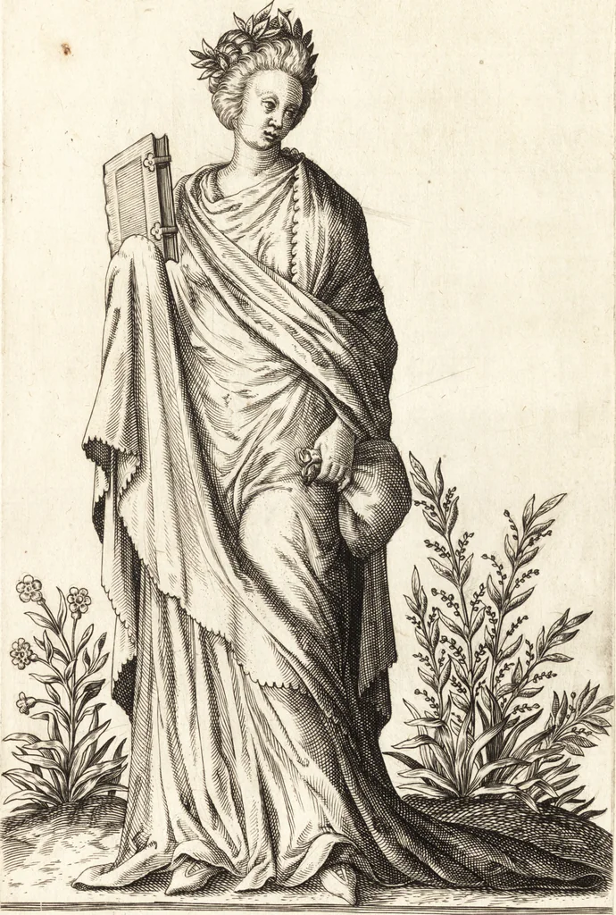 An illustration from Parnassvs cum imaginibus mvsarvm deorumq[ue] praesidum Hippocrenes : omnia depicta sunt, & distichis latinis illustrata, 1601, leaf 38