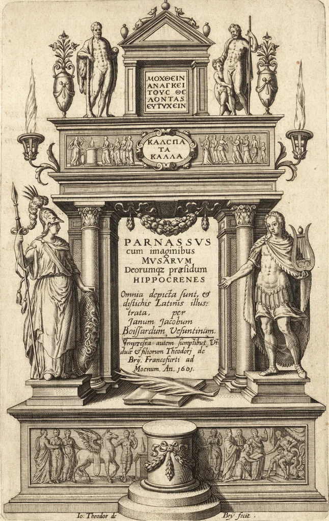 An illustration from Parnassvs cum imaginibus mvsarvm deorumq[ue] praesidum Hippocrenes : omnia depicta sunt, & distichis latinis illustrata, 1601, leaf 6
