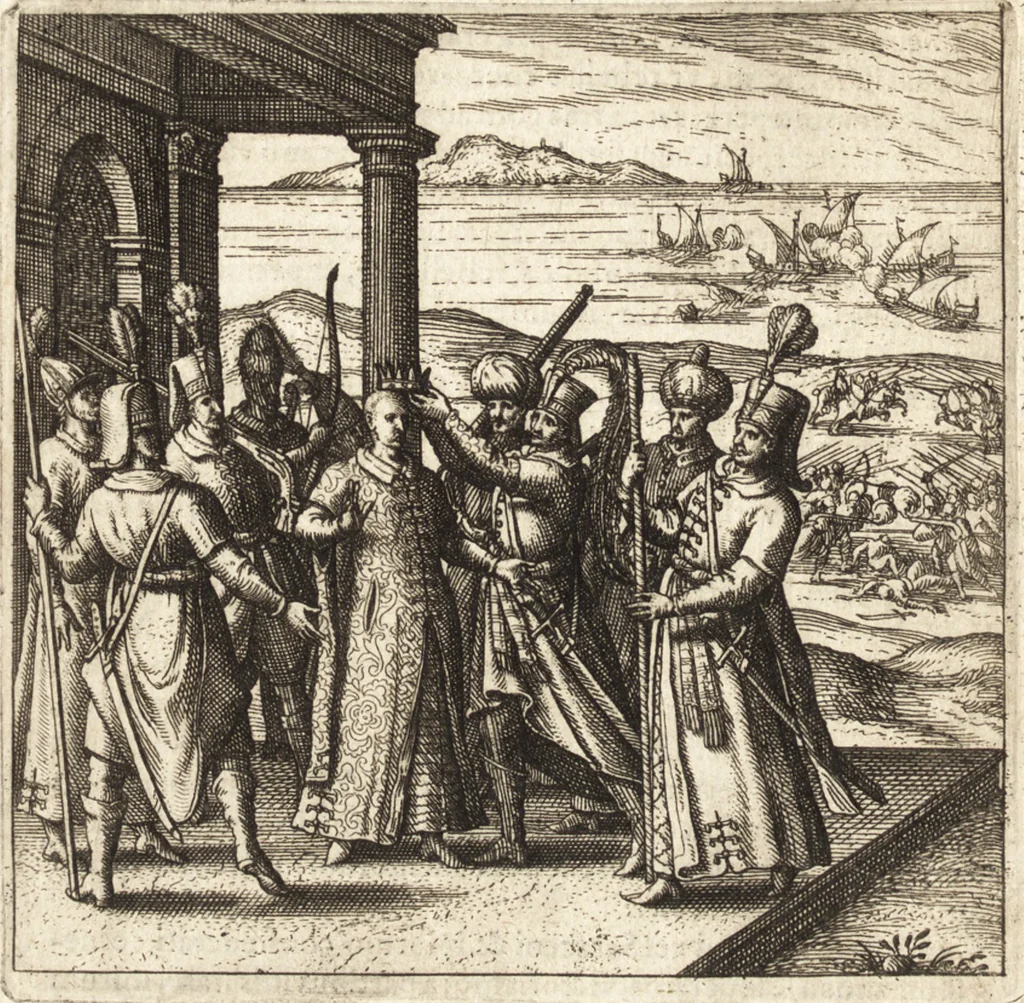 An illustration from Parnassvs cum imaginibus mvsarvm deorumq[ue] praesidum Hippocrenes : omnia depicta sunt, & distichis latinis illustrata, 1601, leaf 77