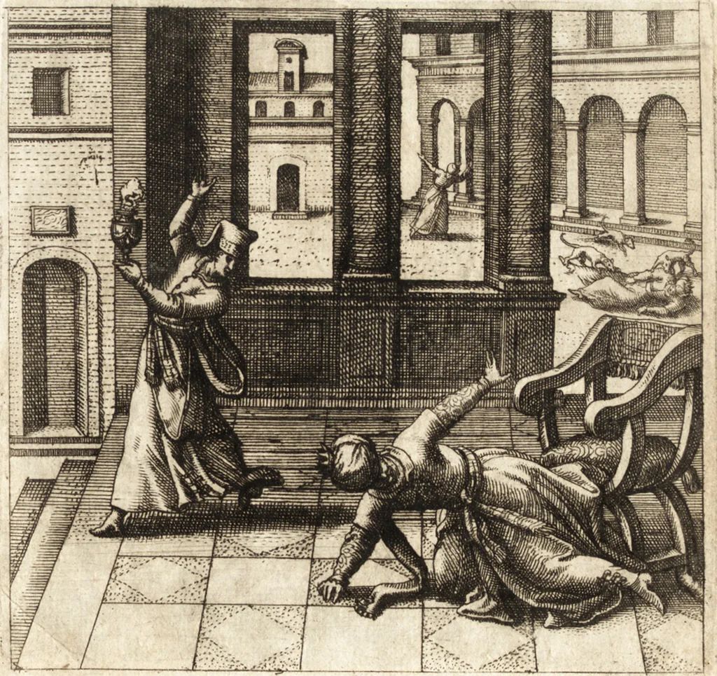 An illustration from Parnassvs cum imaginibus mvsarvm deorumq[ue] praesidum Hippocrenes : omnia depicta sunt, & distichis latinis illustrata, 1601, leaf 78