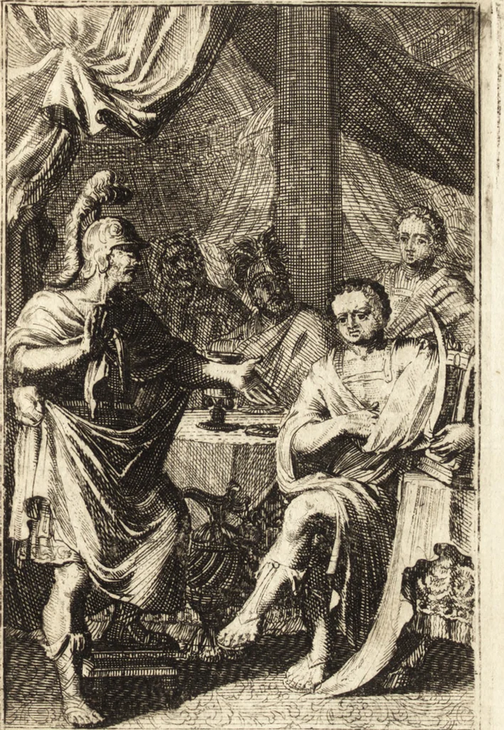 An illustration from Pictura loquens; sive Heroicarum tabularum Hadriani Schoonebeeck enarratio et explicatio, 1695, leaf 136