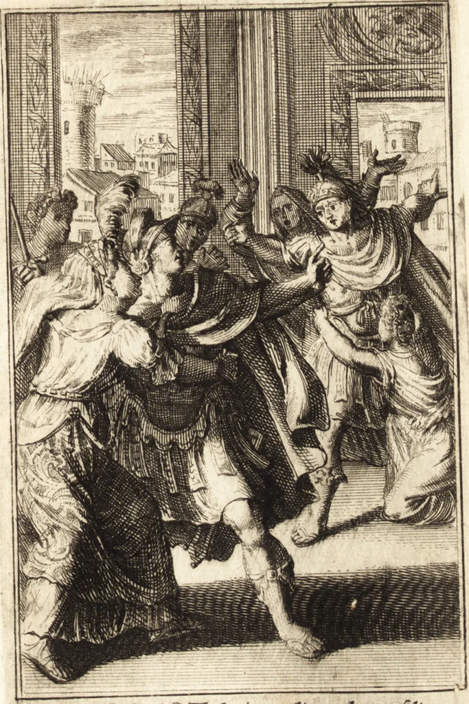 An illustration from Pictura loquens; sive Heroicarum tabularum Hadriani Schoonebeeck enarratio et explicatio, 1695, leaf 96