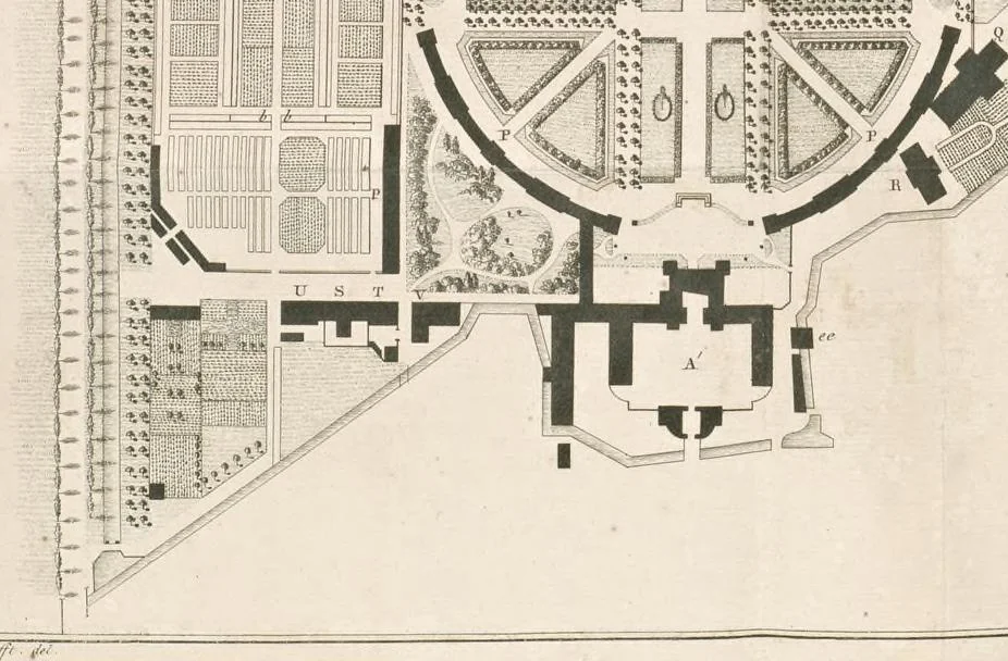 An illustration from Plans des plus beaux jardins pittoresques de France, d'Angleterre et d'Allemagne et des édifices, monumens, fabriques, etc. qui concurrent à leur embellissement, dans tous les genres d'architecture, tels que chinois, égyptien, anglais, arabe, moresque, etc. = Plans of the most beautiful picturesque gardens in France, England and Germany, and of the edifices, monuments, fabrics, etc., which contribute to their embellishment, of every kind of architecture, such as Chinese, Egyptian, English, Arabian, Moorish, etc. = Plaene der schoensten und malerischten Gaerten Frankreichs, Englands und Deutschlands ... : dédiés aux architectes et aux amateurs, 1809, leaf 104