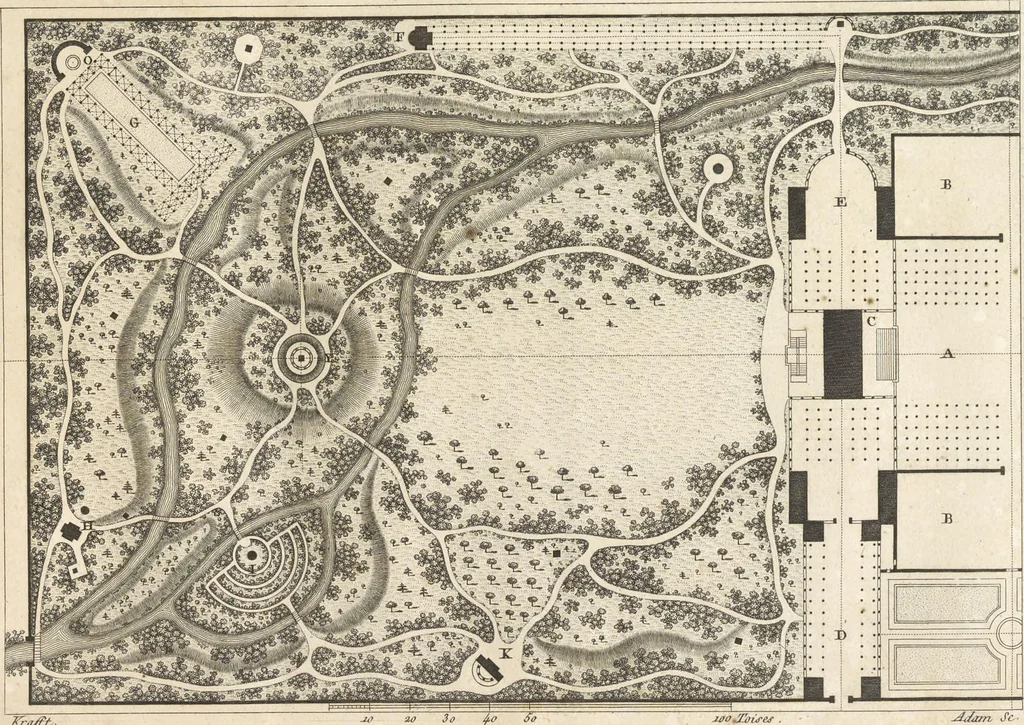 An illustration from Plans des plus beaux jardins pittoresques de France, d'Angleterre et d'Allemagne et des édifices, monumens, fabriques, etc. qui concurrent à leur embellissement, dans tous les genres d'architecture, tels que chinois, égyptien, anglais, arabe, moresque, etc. = Plans of the most beautiful picturesque gardens in France, England and Germany, and of the edifices, monuments, fabrics, etc., which contribute to their embellishment, of every kind of architecture, such as Chinese, Egyptian, English, Arabian, Moorish, etc. = Plaene der schoensten und malerischten Gaerten Frankreichs, Englands und Deutschlands ... : dédiés aux architectes et aux amateurs, 1809, leaf 106
