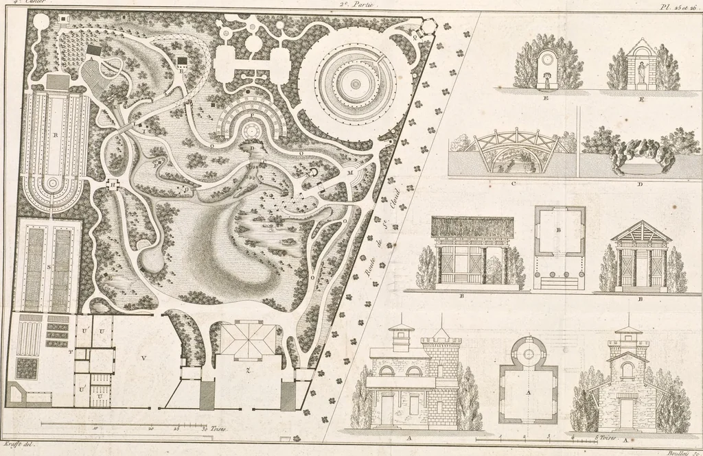 An illustration from Plans des plus beaux jardins pittoresques de France, d'Angleterre et d'Allemagne et des édifices, monumens, fabriques, etc. qui concurrent à leur embellissement, dans tous les genres d'architecture, tels que chinois, égyptien, anglais, arabe, moresque, etc. = Plans of the most beautiful picturesque gardens in France, England and Germany, and of the edifices, monuments, fabrics, etc., which contribute to their embellishment, of every kind of architecture, such as Chinese, Egyptian, English, Arabian, Moorish, etc. = Plaene der schoensten und malerischten Gaerten Frankreichs, Englands und Deutschlands ... : dédiés aux architectes et aux amateurs, 1809, leaf 114