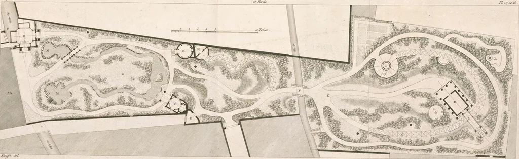 An illustration from Plans des plus beaux jardins pittoresques de France, d'Angleterre et d'Allemagne et des édifices, monumens, fabriques, etc. qui concurrent à leur embellissement, dans tous les genres d'architecture, tels que chinois, égyptien, anglais, arabe, moresque, etc. = Plans of the most beautiful picturesque gardens in France, England and Germany, and of the edifices, monuments, fabrics, etc., which contribute to their embellishment, of every kind of architecture, such as Chinese, Egyptian, English, Arabian, Moorish, etc. = Plaene der schoensten und malerischten Gaerten Frankreichs, Englands und Deutschlands ... : dédiés aux architectes et aux amateurs, 1809, leaf 116