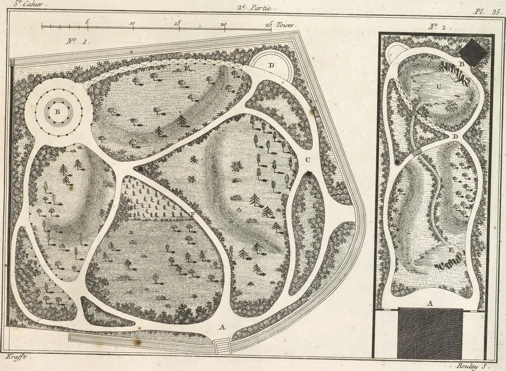 An illustration from Plans des plus beaux jardins pittoresques de France, d'Angleterre et d'Allemagne et des édifices, monumens, fabriques, etc. qui concurrent à leur embellissement, dans tous les genres d'architecture, tels que chinois, égyptien, anglais, arabe, moresque, etc. = Plans of the most beautiful picturesque gardens in France, England and Germany, and of the edifices, monuments, fabrics, etc., which contribute to their embellishment, of every kind of architecture, such as Chinese, Egyptian, English, Arabian, Moorish, etc. = Plaene der schoensten und malerischten Gaerten Frankreichs, Englands und Deutschlands ... : dédiés aux architectes et aux amateurs, 1809, leaf 130