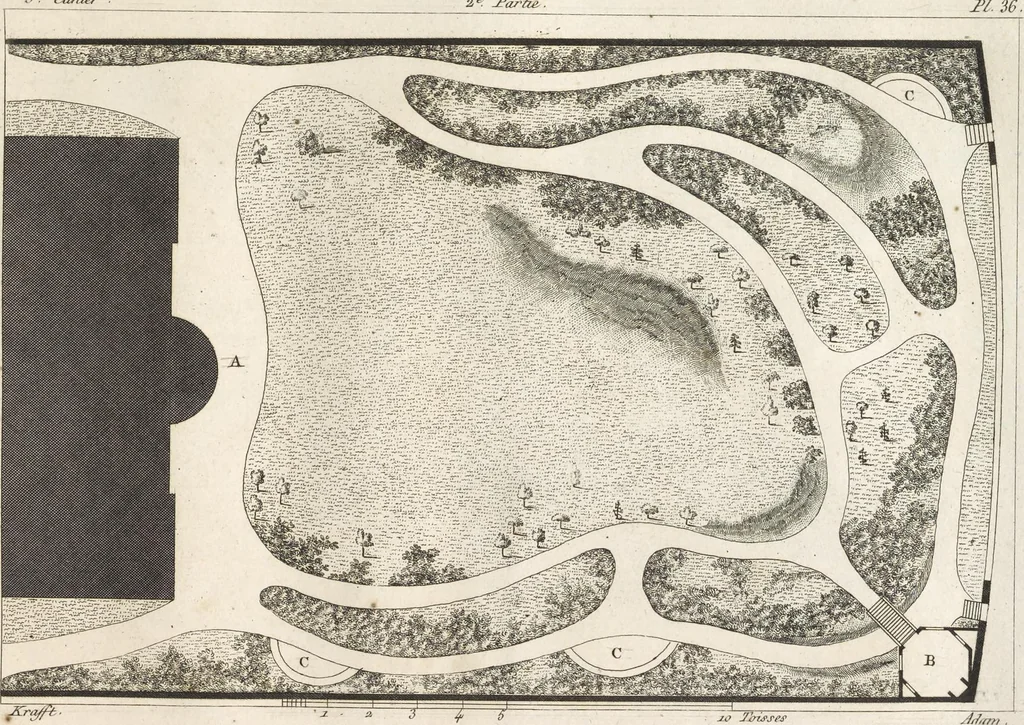 An illustration from Plans des plus beaux jardins pittoresques de France, d'Angleterre et d'Allemagne et des édifices, monumens, fabriques, etc. qui concurrent à leur embellissement, dans tous les genres d'architecture, tels que chinois, égyptien, anglais, arabe, moresque, etc. = Plans of the most beautiful picturesque gardens in France, England and Germany, and of the edifices, monuments, fabrics, etc., which contribute to their embellishment, of every kind of architecture, such as Chinese, Egyptian, English, Arabian, Moorish, etc. = Plaene der schoensten und malerischten Gaerten Frankreichs, Englands und Deutschlands ... : dédiés aux architectes et aux amateurs, 1809, leaf 132