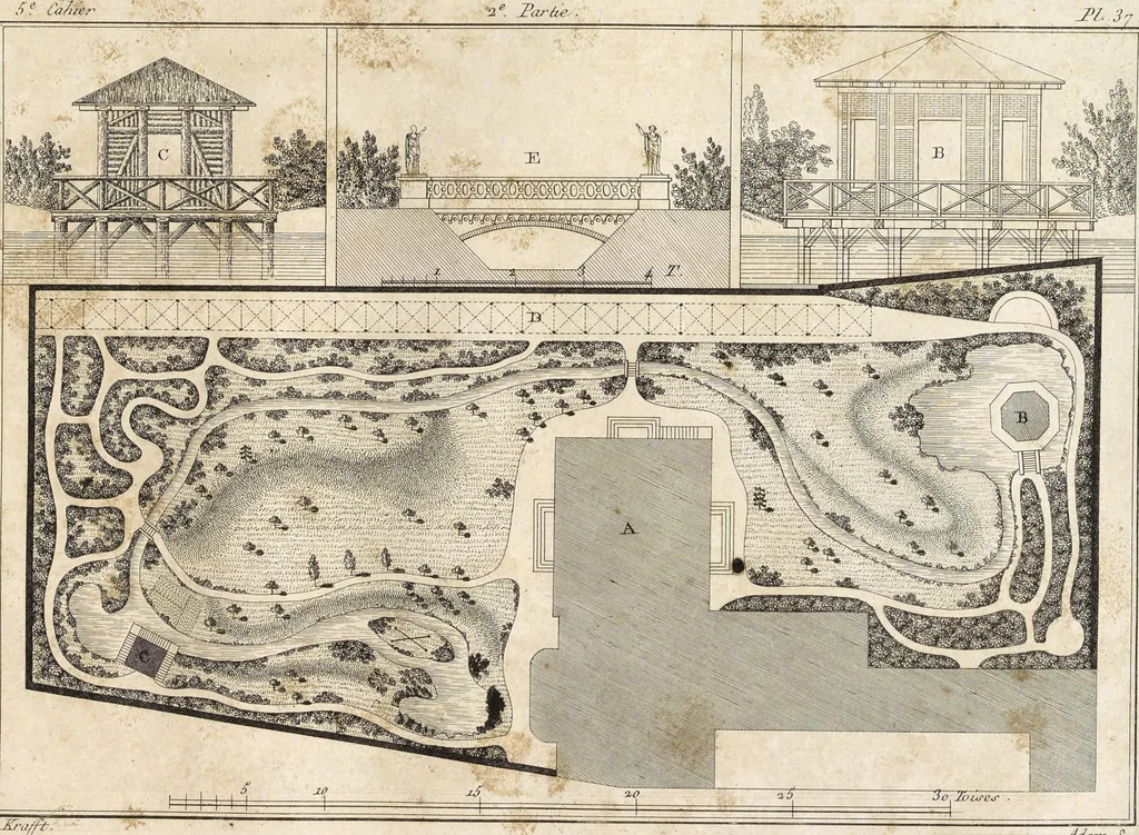 An illustration from Plans des plus beaux jardins pittoresques de France, d'Angleterre et d'Allemagne et des édifices, monumens, fabriques, etc. qui concurrent à leur embellissement, dans tous les genres d'architecture, tels que chinois, égyptien, anglais, arabe, moresque, etc. = Plans of the most beautiful picturesque gardens in France, England and Germany, and of the edifices, monuments, fabrics, etc., which contribute to their embellishment, of every kind of architecture, such as Chinese, Egyptian, English, Arabian, Moorish, etc. = Plaene der schoensten und malerischten Gaerten Frankreichs, Englands und Deutschlands ... : dédiés aux architectes et aux amateurs, 1809, leaf 134