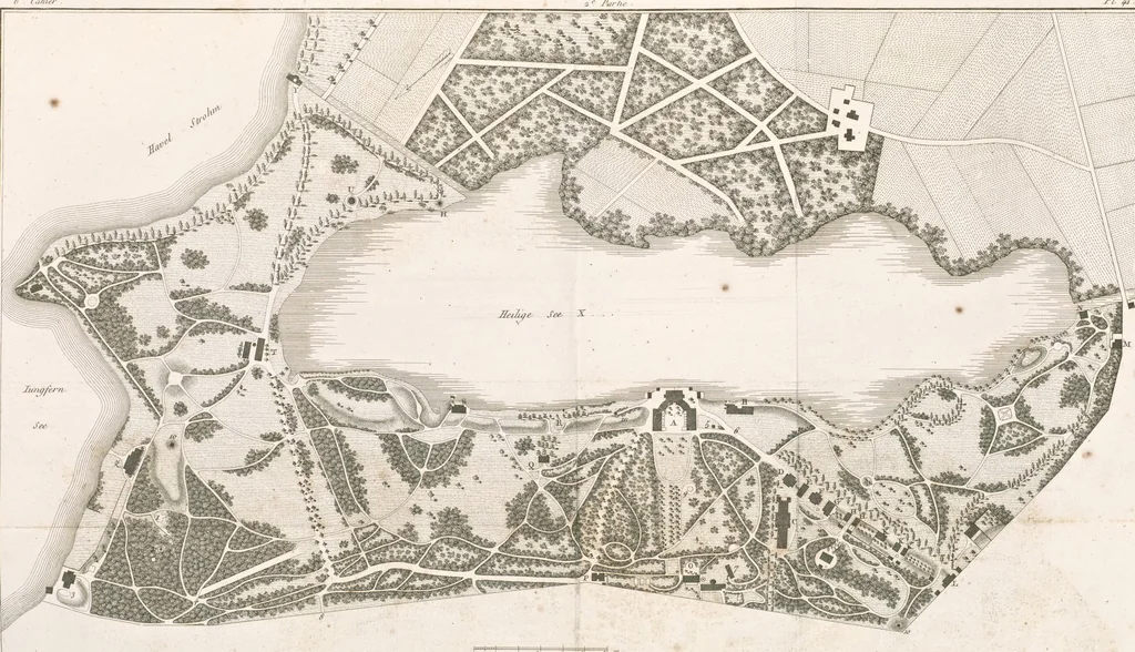 An illustration from Plans des plus beaux jardins pittoresques de France, d'Angleterre et d'Allemagne et des édifices, monumens, fabriques, etc. qui concurrent à leur embellissement, dans tous les genres d'architecture, tels que chinois, égyptien, anglais, arabe, moresque, etc. = Plans of the most beautiful picturesque gardens in France, England and Germany, and of the edifices, monuments, fabrics, etc., which contribute to their embellishment, of every kind of architecture, such as Chinese, Egyptian, English, Arabian, Moorish, etc. = Plaene der schoensten und malerischten Gaerten Frankreichs, Englands und Deutschlands ... : dédiés aux architectes et aux amateurs, 1809, leaf 142