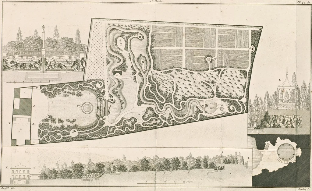 An illustration from Plans des plus beaux jardins pittoresques de France, d'Angleterre et d'Allemagne et des édifices, monumens, fabriques, etc. qui concurrent à leur embellissement, dans tous les genres d'architecture, tels que chinois, égyptien, anglais, arabe, moresque, etc. = Plans of the most beautiful picturesque gardens in France, England and Germany, and of the edifices, monuments, fabrics, etc., which contribute to their embellishment, of every kind of architecture, such as Chinese, Egyptian, English, Arabian, Moorish, etc. = Plaene der schoensten und malerischten Gaerten Frankreichs, Englands und Deutschlands ... : dédiés aux architectes et aux amateurs, 1809, leaf 154