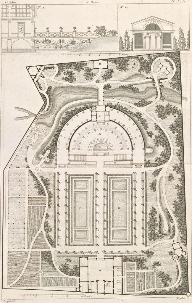 An illustration from Plans des plus beaux jardins pittoresques de France, d'Angleterre et d'Allemagne et des édifices, monumens, fabriques, etc. qui concurrent à leur embellissement, dans tous les genres d'architecture, tels que chinois, égyptien, anglais, arabe, moresque, etc. = Plans of the most beautiful picturesque gardens in France, England and Germany, and of the edifices, monuments, fabrics, etc., which contribute to their embellishment, of every kind of architecture, such as Chinese, Egyptian, English, Arabian, Moorish, etc. = Plaene der schoensten und malerischten Gaerten Frankreichs, Englands und Deutschlands ... : dédiés aux architectes et aux amateurs, 1809, leaf 156