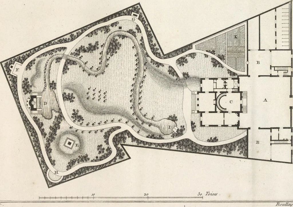 An illustration from Plans des plus beaux jardins pittoresques de France, d'Angleterre et d'Allemagne et des édifices, monumens, fabriques, etc. qui concurrent à leur embellissement, dans tous les genres d'architecture, tels que chinois, égyptien, anglais, arabe, moresque, etc. = Plans of the most beautiful picturesque gardens in France, England and Germany, and of the edifices, monuments, fabrics, etc., which contribute to their embellishment, of every kind of architecture, such as Chinese, Egyptian, English, Arabian, Moorish, etc. = Plaene der schoensten und malerischten Gaerten Frankreichs, Englands und Deutschlands ... : dédiés aux architectes et aux amateurs, 1809, leaf 158