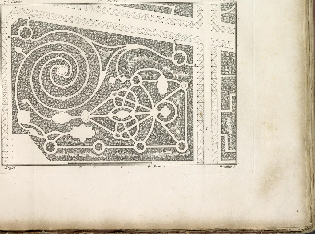 An illustration from Plans des plus beaux jardins pittoresques de France, d'Angleterre et d'Allemagne et des édifices, monumens, fabriques, etc. qui concurrent à leur embellissement, dans tous les genres d'architecture, tels que chinois, égyptien, anglais, arabe, moresque, etc. = Plans of the most beautiful picturesque gardens in France, England and Germany, and of the edifices, monuments, fabrics, etc., which contribute to their embellishment, of every kind of architecture, such as Chinese, Egyptian, English, Arabian, Moorish, etc. = Plaene der schoensten und malerischten Gaerten Frankreichs, Englands und Deutschlands ... : dédiés aux architectes et aux amateurs, 1809, leaf 164