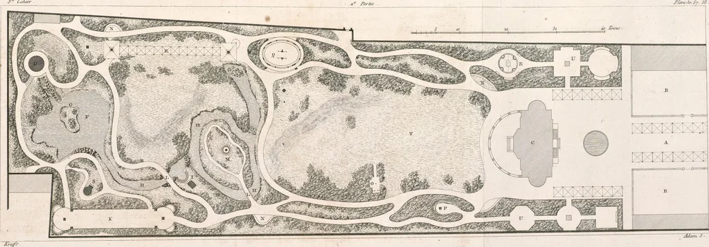 An illustration from Plans des plus beaux jardins pittoresques de France, d'Angleterre et d'Allemagne et des édifices, monumens, fabriques, etc. qui concurrent à leur embellissement, dans tous les genres d'architecture, tels que chinois, égyptien, anglais, arabe, moresque, etc. = Plans of the most beautiful picturesque gardens in France, England and Germany, and of the edifices, monuments, fabrics, etc., which contribute to their embellishment, of every kind of architecture, such as Chinese, Egyptian, English, Arabian, Moorish, etc. = Plaene der schoensten und malerischten Gaerten Frankreichs, Englands und Deutschlands ... : dédiés aux architectes et aux amateurs, 1809, leaf 166