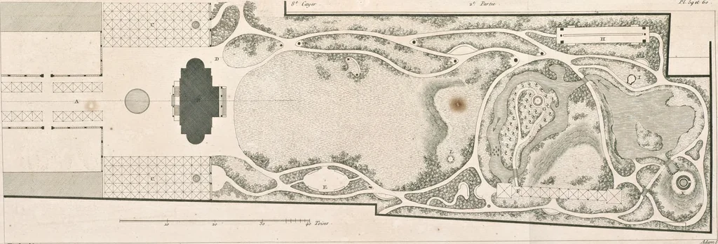 An illustration from Plans des plus beaux jardins pittoresques de France, d'Angleterre et d'Allemagne et des édifices, monumens, fabriques, etc. qui concurrent à leur embellissement, dans tous les genres d'architecture, tels que chinois, égyptien, anglais, arabe, moresque, etc. = Plans of the most beautiful picturesque gardens in France, England and Germany, and of the edifices, monuments, fabrics, etc., which contribute to their embellishment, of every kind of architecture, such as Chinese, Egyptian, English, Arabian, Moorish, etc. = Plaene der schoensten und malerischten Gaerten Frankreichs, Englands und Deutschlands ... : dédiés aux architectes et aux amateurs, 1809, leaf 168