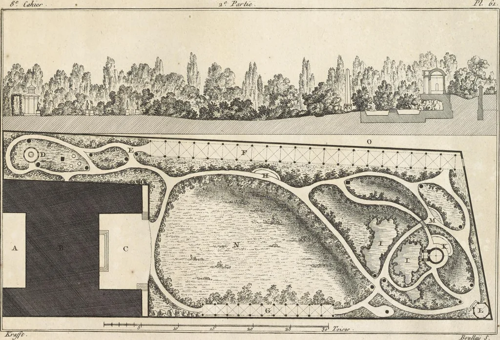 An illustration from Plans des plus beaux jardins pittoresques de France, d'Angleterre et d'Allemagne et des édifices, monumens, fabriques, etc. qui concurrent à leur embellissement, dans tous les genres d'architecture, tels que chinois, égyptien, anglais, arabe, moresque, etc. = Plans of the most beautiful picturesque gardens in France, England and Germany, and of the edifices, monuments, fabrics, etc., which contribute to their embellishment, of every kind of architecture, such as Chinese, Egyptian, English, Arabian, Moorish, etc. = Plaene der schoensten und malerischten Gaerten Frankreichs, Englands und Deutschlands ... : dédiés aux architectes et aux amateurs, 1809, leaf 170