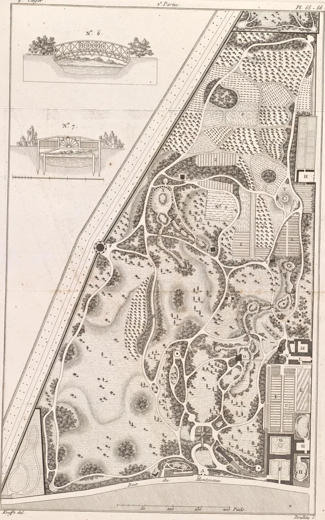 An illustration from Plans des plus beaux jardins pittoresques de France, d'Angleterre et d'Allemagne et des édifices, monumens, fabriques, etc. qui concurrent à leur embellissement, dans tous les genres d'architecture, tels que chinois, égyptien, anglais, arabe, moresque, etc. = Plans of the most beautiful picturesque gardens in France, England and Germany, and of the edifices, monuments, fabrics, etc., which contribute to their embellishment, of every kind of architecture, such as Chinese, Egyptian, English, Arabian, Moorish, etc. = Plaene der schoensten und malerischten Gaerten Frankreichs, Englands und Deutschlands ... : dédiés aux architectes et aux amateurs, 1809, leaf 178