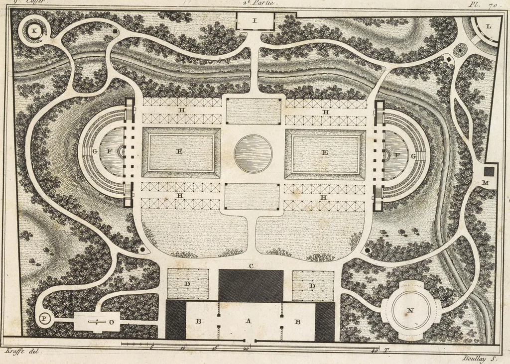 An illustration from Plans des plus beaux jardins pittoresques de France, d'Angleterre et d'Allemagne et des édifices, monumens, fabriques, etc. qui concurrent à leur embellissement, dans tous les genres d'architecture, tels que chinois, égyptien, anglais, arabe, moresque, etc. = Plans of the most beautiful picturesque gardens in France, England and Germany, and of the edifices, monuments, fabrics, etc., which contribute to their embellishment, of every kind of architecture, such as Chinese, Egyptian, English, Arabian, Moorish, etc. = Plaene der schoensten und malerischten Gaerten Frankreichs, Englands und Deutschlands ... : dédiés aux architectes et aux amateurs, 1809, leaf 184